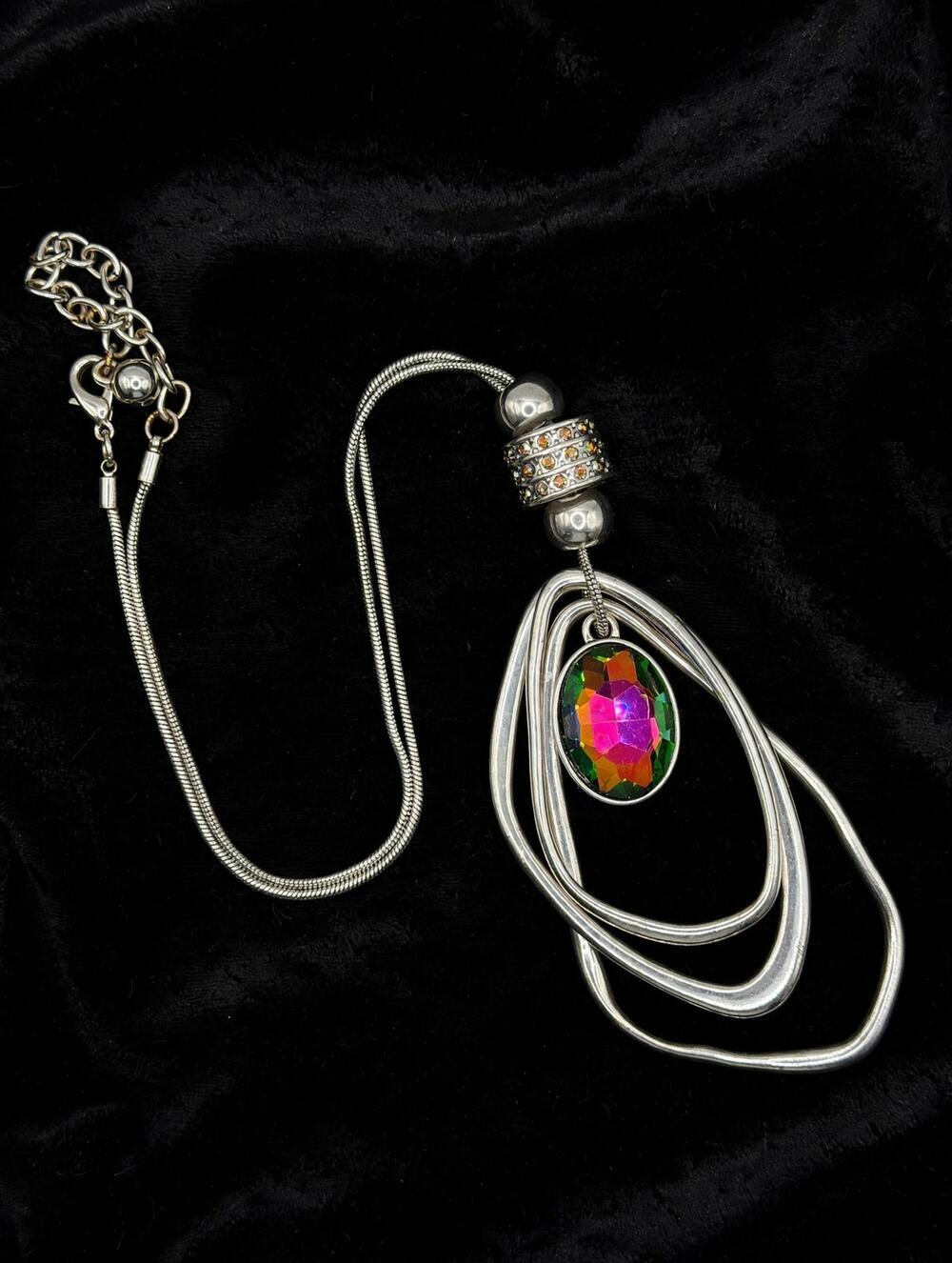 Rainbow Vitrail Oval Pendant Necklace 14" Drop Silver Abstract Hoop Statement🌈